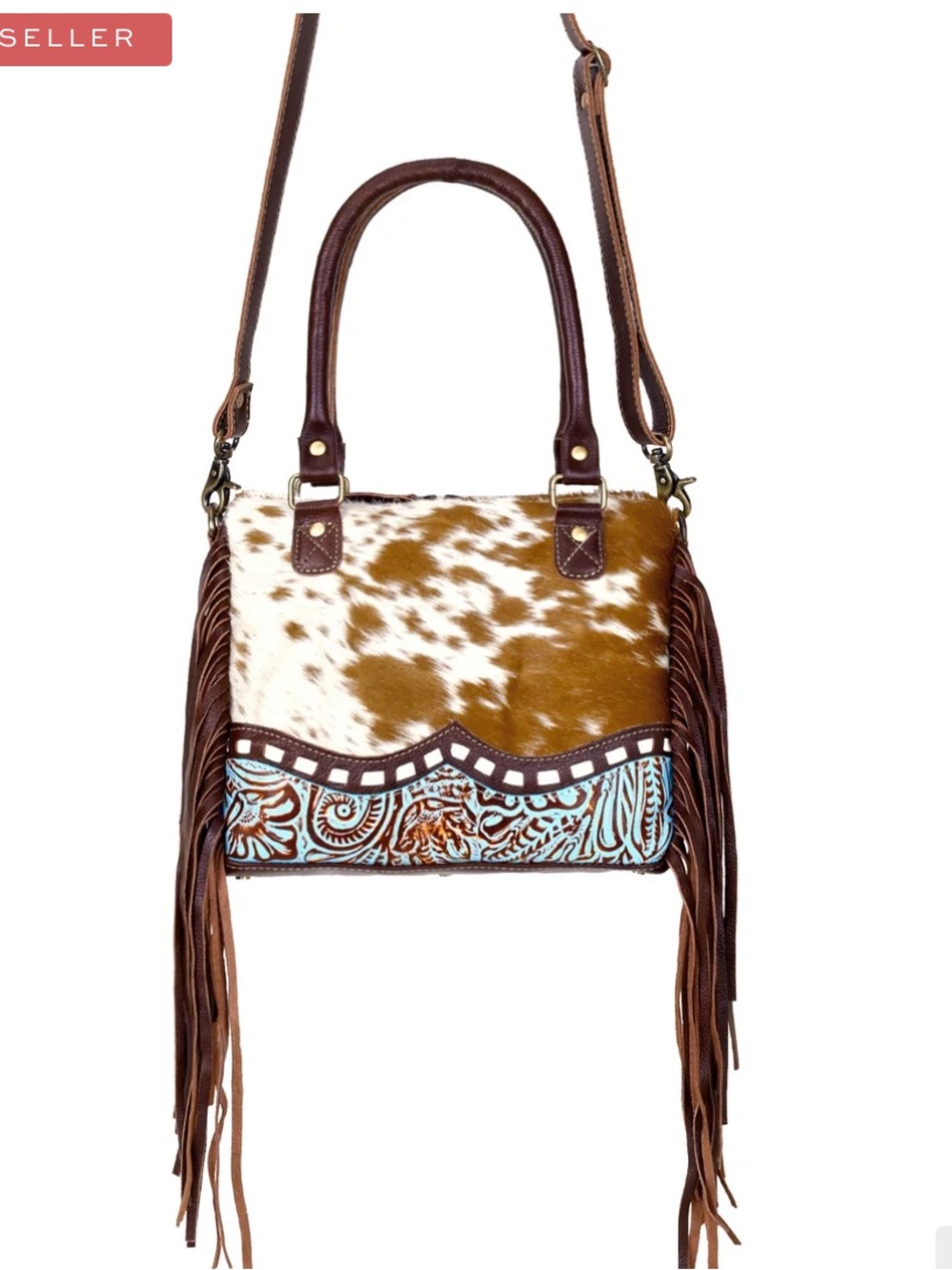 Myra Fringe Cowhide Tote with Turquoise Tooled Accent, Concealed Carry Bag, new